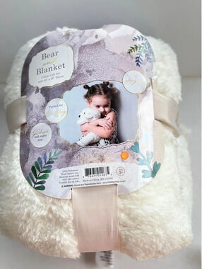 Plush Hug Me  Bear and Blanket 2 Piece Gift Set with 50” X 60”Throw White Soft